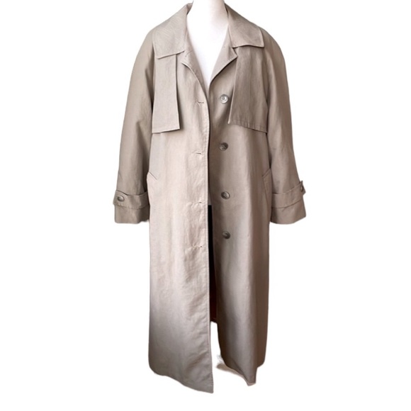 Vintage Jackets & Blazers - Vintage J&H Fashions Taupe Beige Full Length Trench Coat Wool Plaid Flannel